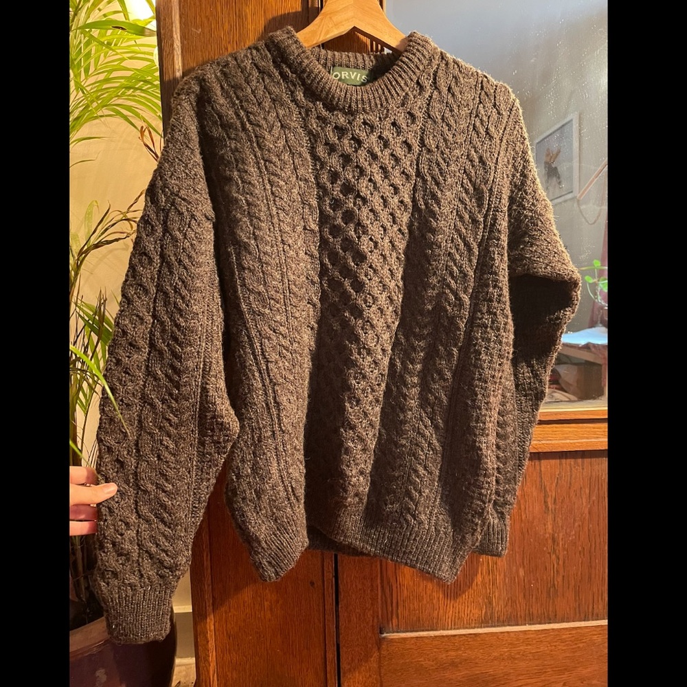Orvis Men's Dark Brown Cable Knit Crewneck Sweater